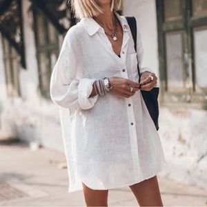 New White Long Sleeve Shirt Button Front Shirt Dress Summer Beach Fall Market